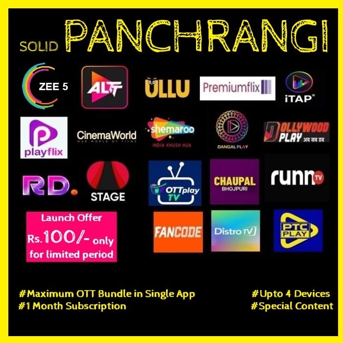 SOLID PANCHRANGI MONTHLY PACK  - 19 OTT APPS & 250+ Channels